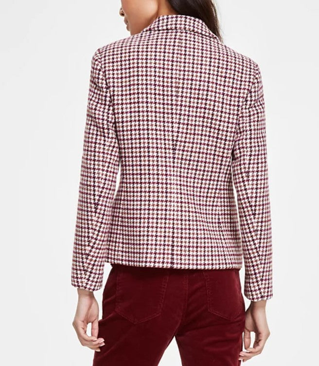 Jones New York Women's Houndstooth-Pattern Tweed Blazer Bordeaux Petite Size PM