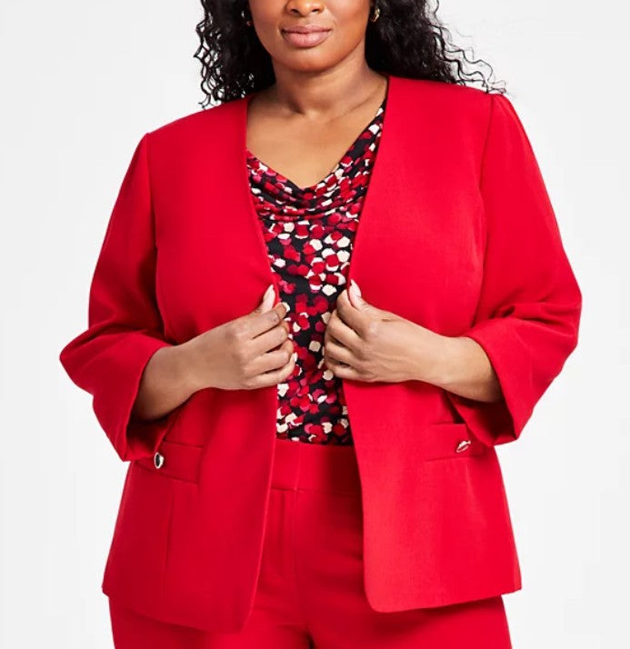 Kasper Women's Side Welt Pockets Open-Front Jacket Fire Red Plus Size 24W