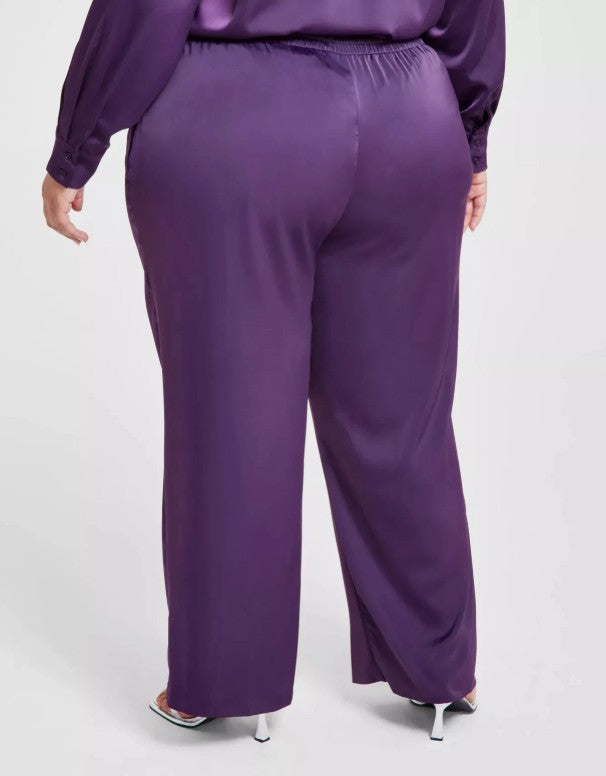 Nina Parker Women's Trendy Satin Wide-Leg Pants Grape Roy Plus Size 2X