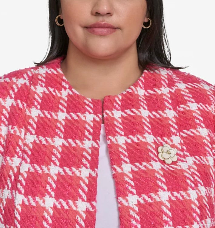 Karl Lagerfeld Paris Women's Open Tweed Short Jacket Tea Berry Sunset Coral