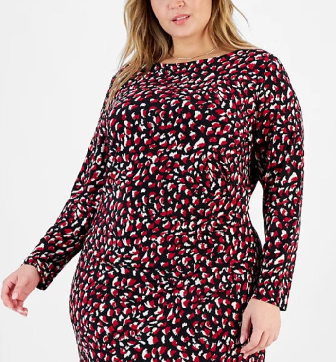 Kasper Women's Printed Boat-Neck Long-Sleeve Dress Black Multi Plus Size 1X