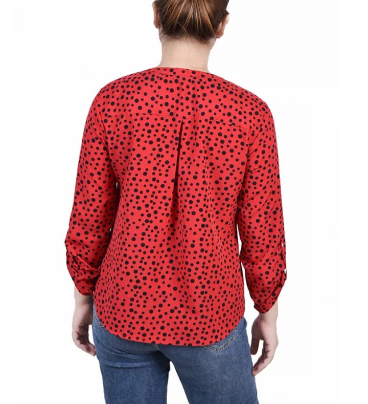 NY Collection 3/4 Sleeve Roll Tab Y Neck Blouse Petite Size PM