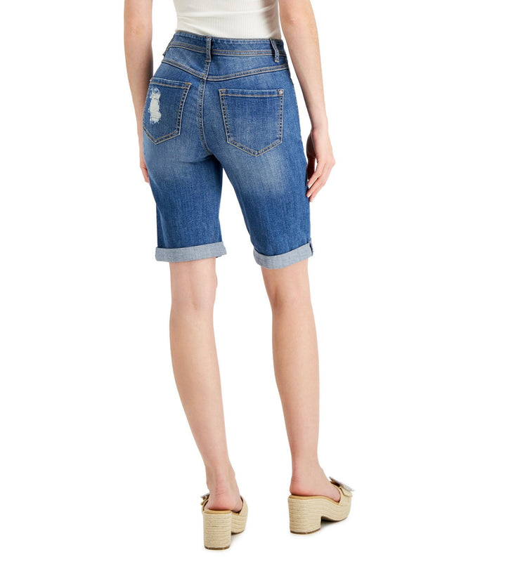 INC International Concepts Women's Mid Rise Ripped Bermuda Shorts Medium Indigo