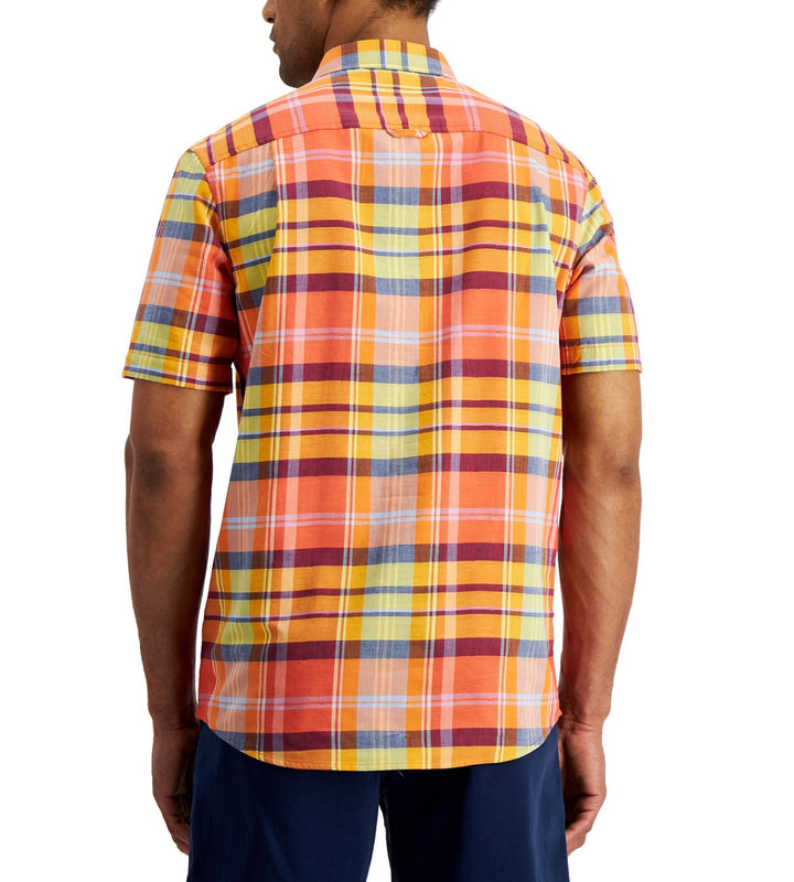 Club Room Men's Short Sleeve Popover Park Avenue Plaid Shirt Orange Poppy Size S