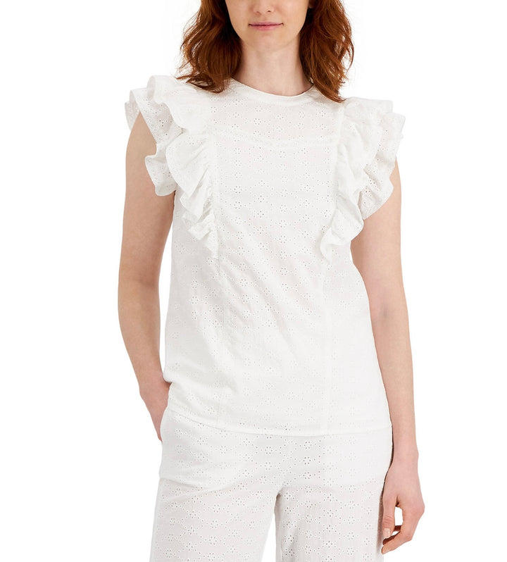 Charter Club Women's Solid Flutter-Sleeve Eyelet Top Bright White Size S