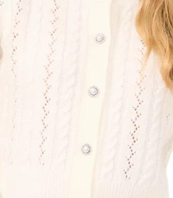 CeCe Women's Beaded-Button Pointelle Cardigan Sweater Antique White