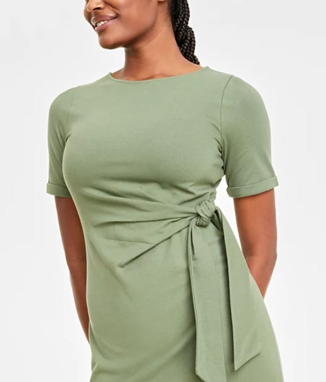 On 34th Women's Short Sleeves Crewneck Wrap Tie Dress Olivine Size M