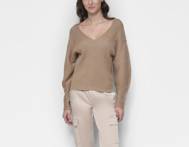 DKNY Women's V-Neck Long-Sleeve Rib-Knit Sweater Taupe Chino Khaki Size XL