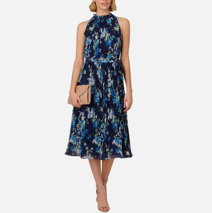 Adrianna Papell Women's Floral Pleated Chiffon Dress Navy Multi Size 12