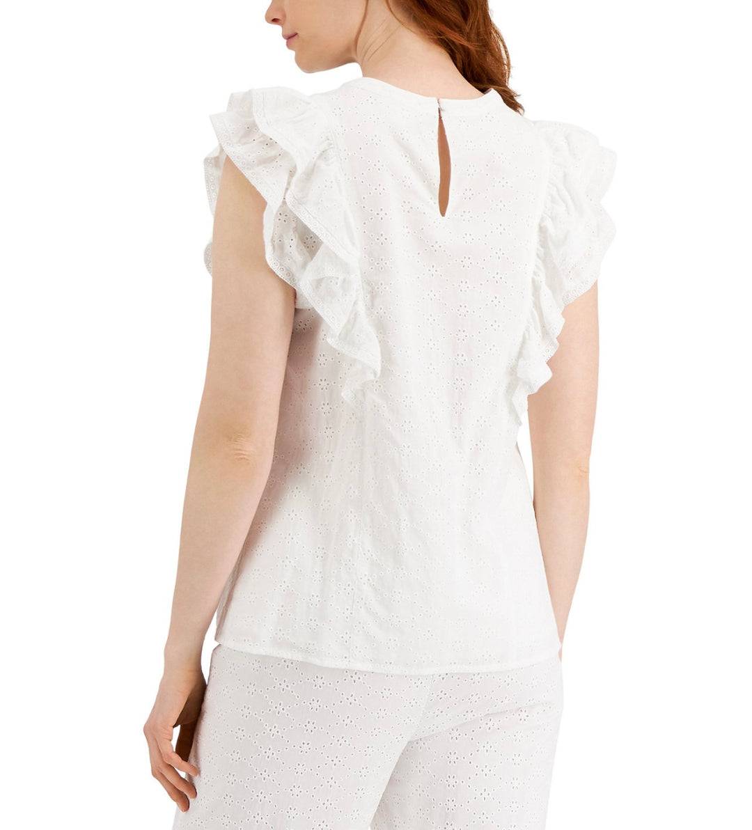 Charter Club Women's Solid Flutter-Sleeve Eyelet Top Bright White Size S