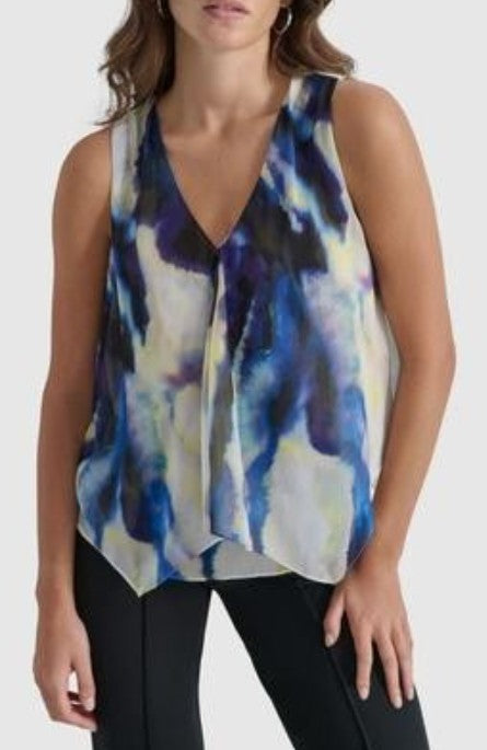 DKNY Women's Printed V-Neck Sleeveless Top Vertical Wave