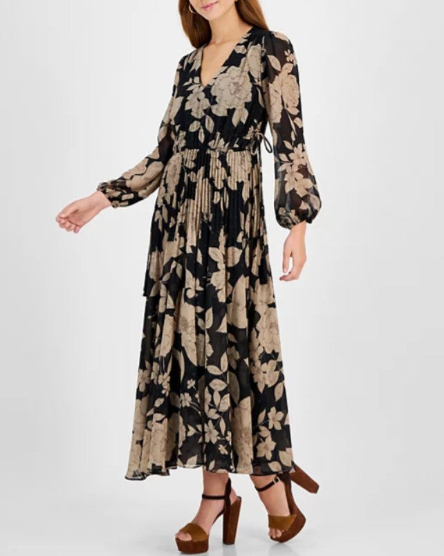 Taylor Women's Long Sleeve Floral Chiffon V-Neck Pleated Dress