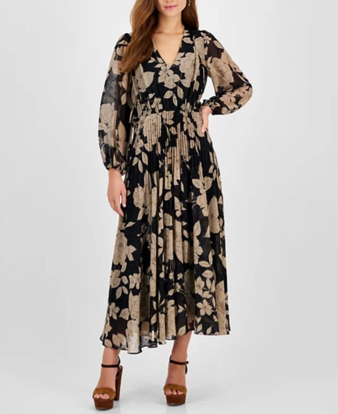 Taylor Women's Long Sleeve Floral Chiffon V-Neck Pleated Dress