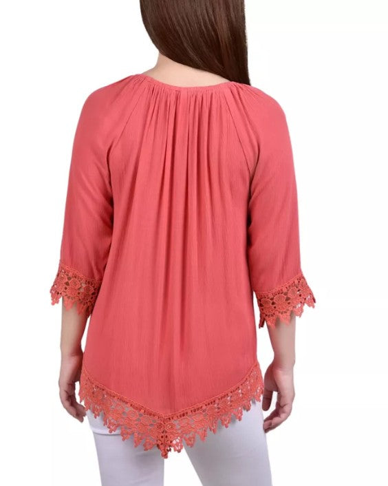 NY Collection Women's 3/4 Sleeve Peasant Blouse Spiced Coral Petite Size PS