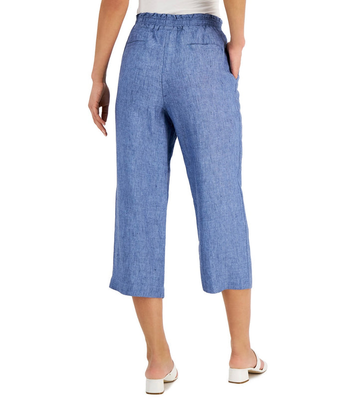 Charter Club Women's Linen Cropped Pull-On Pants Blue Ocean Size M