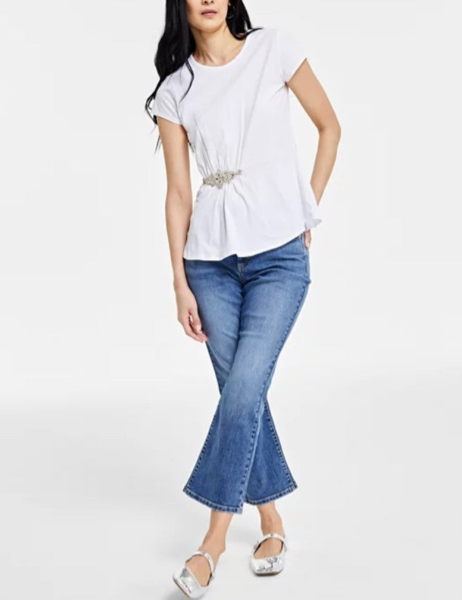 INC International Concepts Women's Embellished-Waist Cotton T-Shirt Bright White