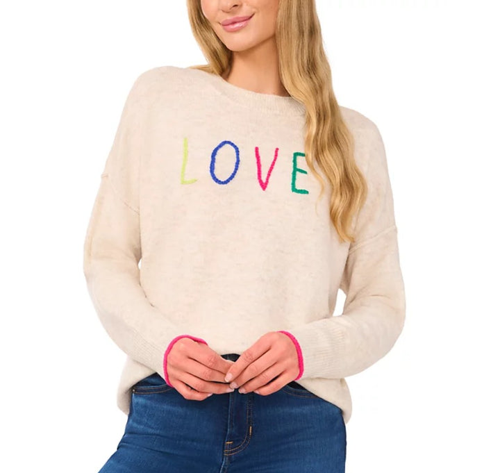 CeCe Women's Love Embroidered Crewneck Long-Sleeve Sweater Malted Size L