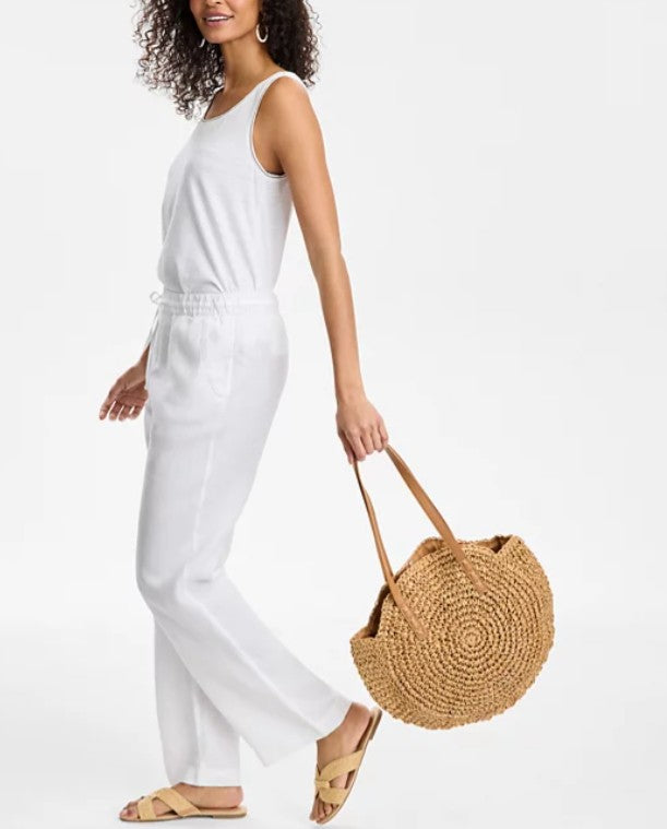 Charter Club Women's 100% Linen Drawstring Pants Bright White Petite Size PL
