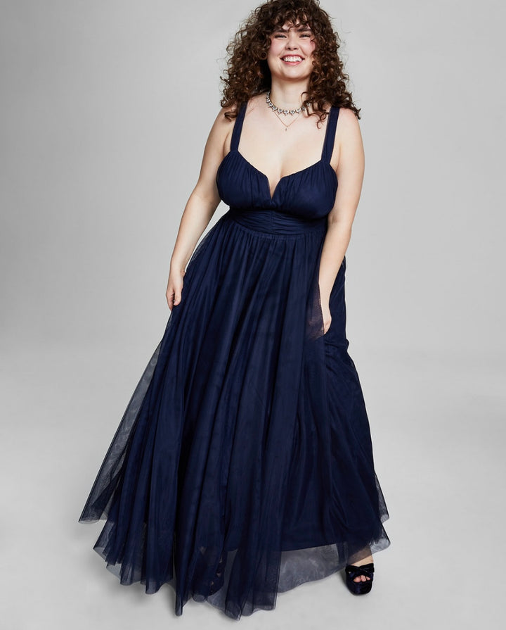 City Studio Women's Mesh Ruched Evening Dress Navy Ink Plus Size 18W