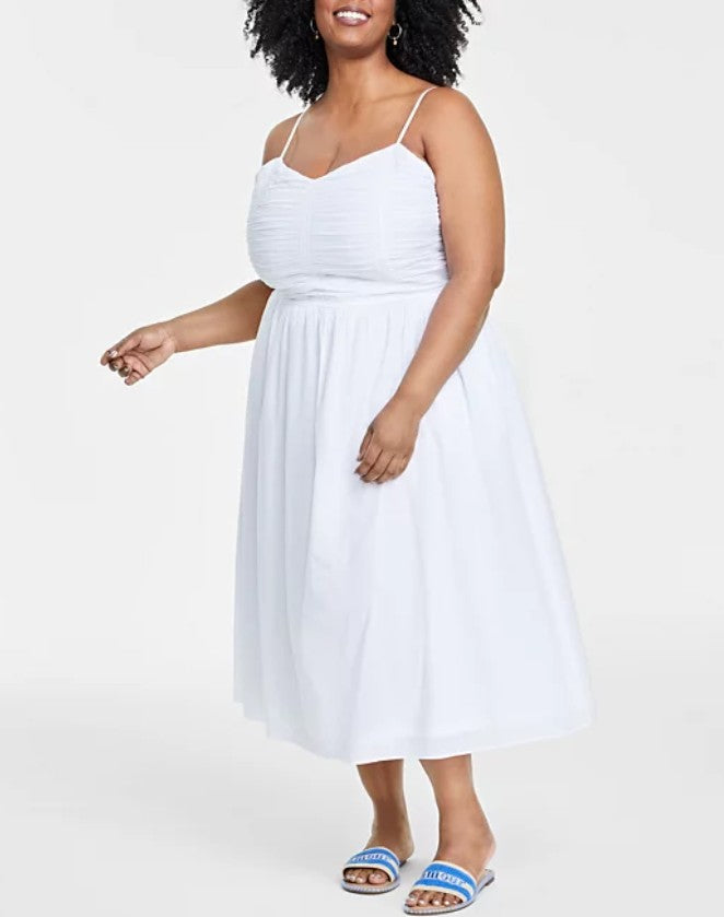 On 34th Womwen's Trendy Ruched Corset Midi Dress Bright White Size XL