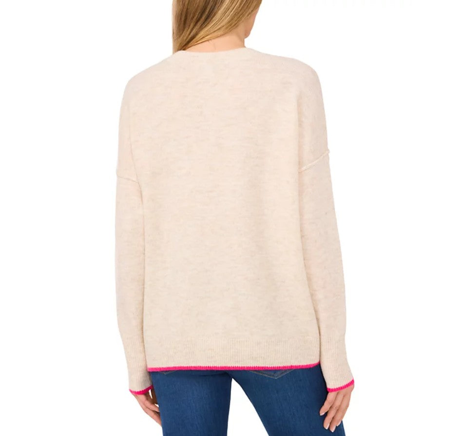 CeCe Women's Love Embroidered Crewneck Long-Sleeve Sweater Malted Size L