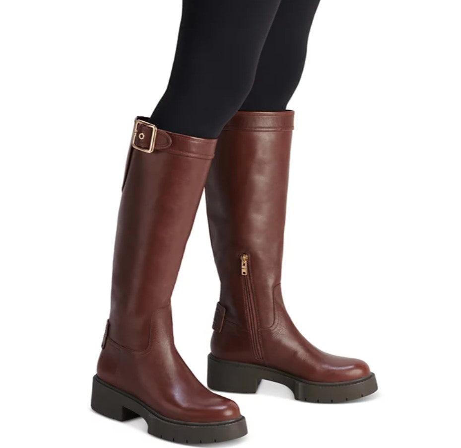 COACH Women's Lilli Buckled Strap Block Heel Riding Boots Brown Size 6