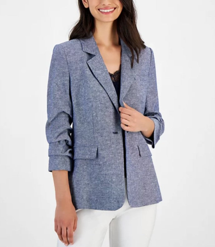 T Tahari Women's Ruched-Sleeve Blazer Dark Navy Size 4