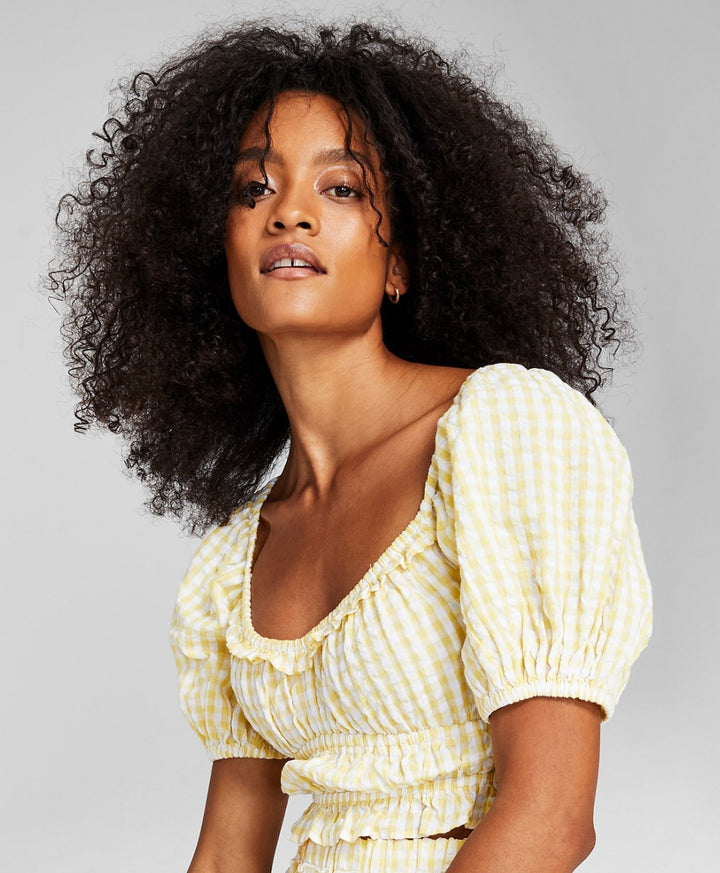And Now This Women's Short Sleeve Cotton Crop Top Yellow Gingham