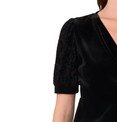 Sam & Jess Women's Velvet Faux-Wrap Flocked-Sleeve Top Black Size L