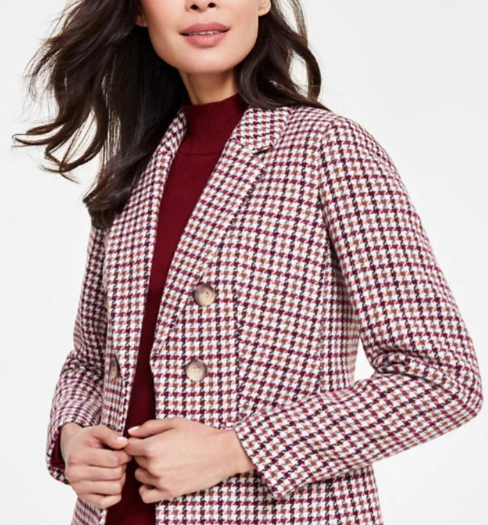 Jones New York Women's Houndstooth-Pattern Tweed Blazer Bordeaux Petite Size PM