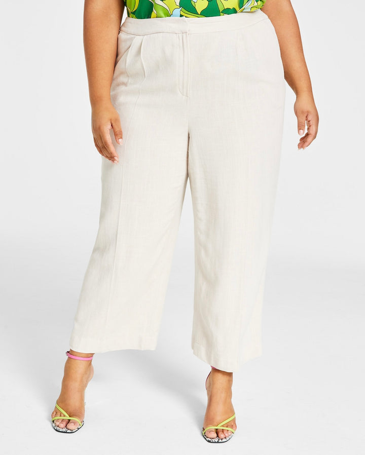 Bar III Women's Textured Wide-Leg Cropped Pants Plus Size Flax