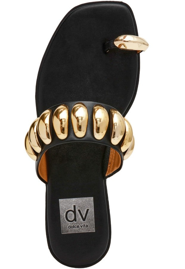 DV Dolce Vita Moon Embellished Gold Toe Ring Flat Sandals Black Size 5