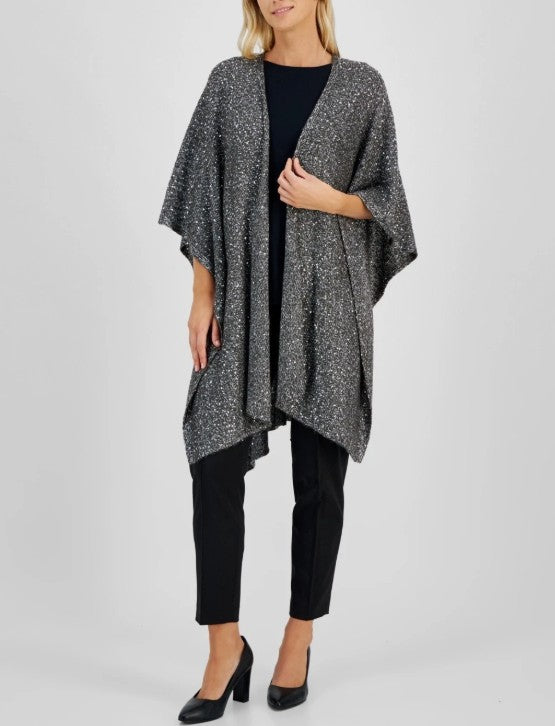 Anne Klein Women's Sequin Trim Open-Front Cape Dark Heather Grey Size L/XL