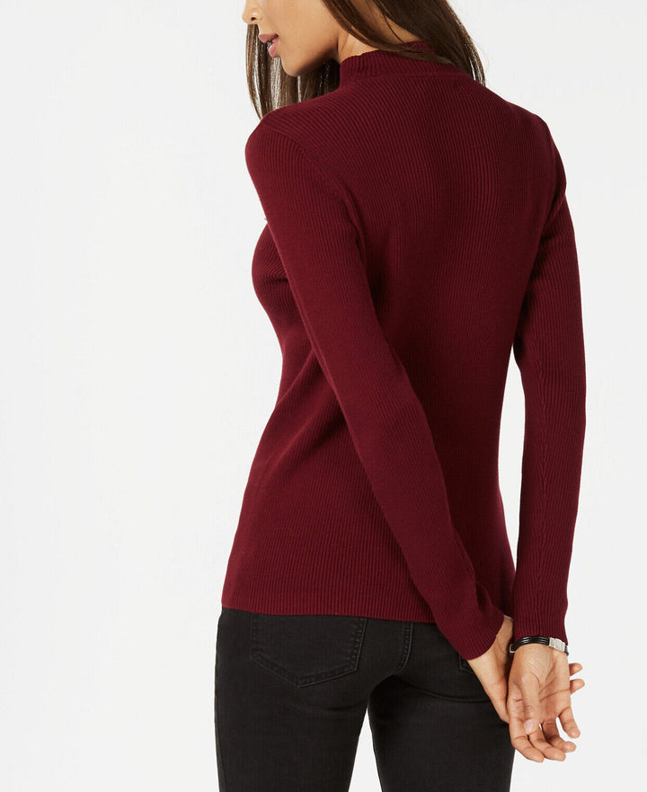 Karen Scott Women's Petite Solid Ribbed Mock-Neck Sweater Merlot Size PM