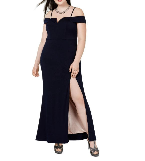 City Studio Women's Off-The-Shoulder V-Neck Evening Dress Plus Size Navy/Rose