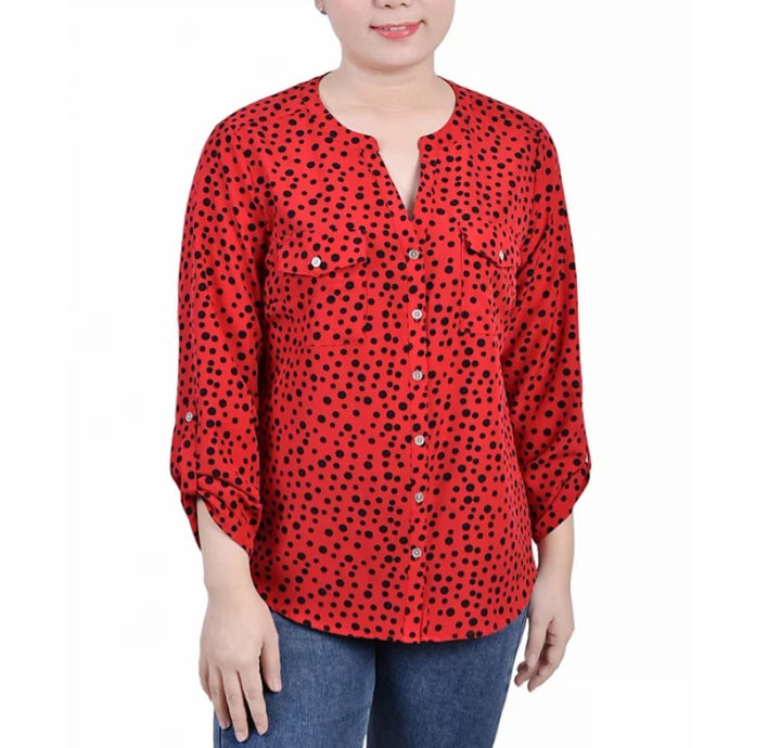 NY Collection 3/4 Sleeve Roll Tab Y Neck Blouse Petite Size PM