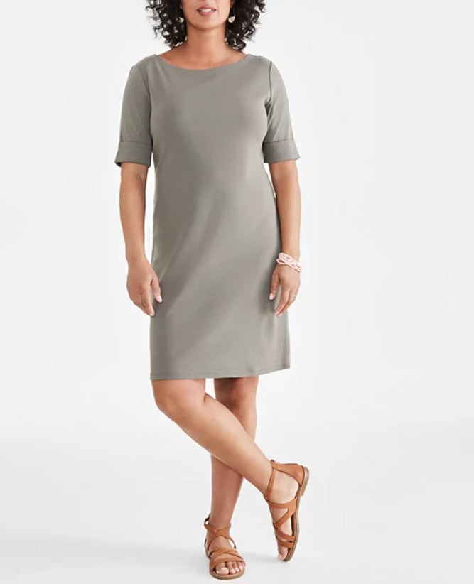 Style & Co. Women's Cotton Boat-Neck Elbow-Sleeve Dress Olive Size M