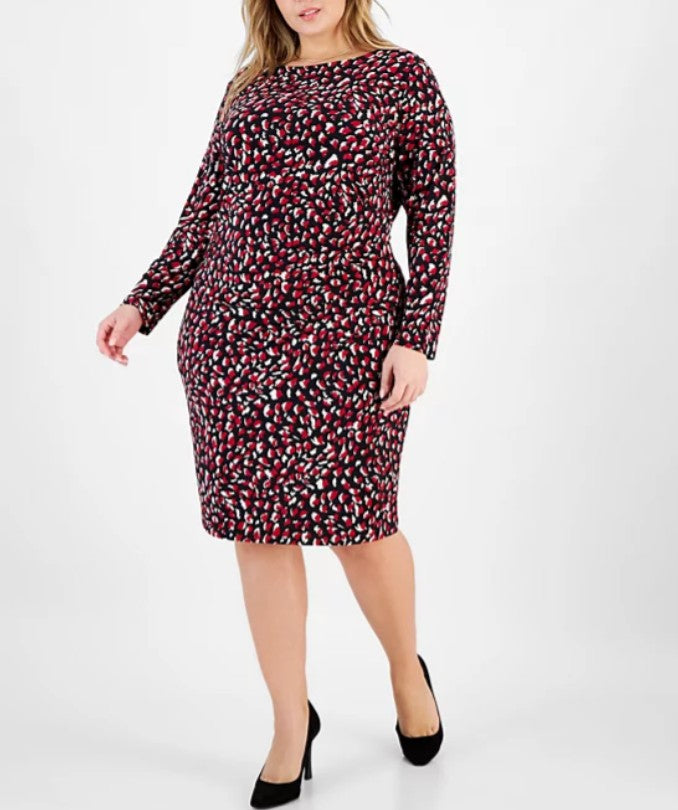 Kasper Women's Printed Boat-Neck Long-Sleeve Dress Black Multi Plus Size 1X