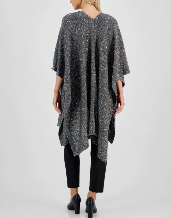 Anne Klein Women's Sequin Trim Open-Front Cape Dark Heather Grey Size L/XL