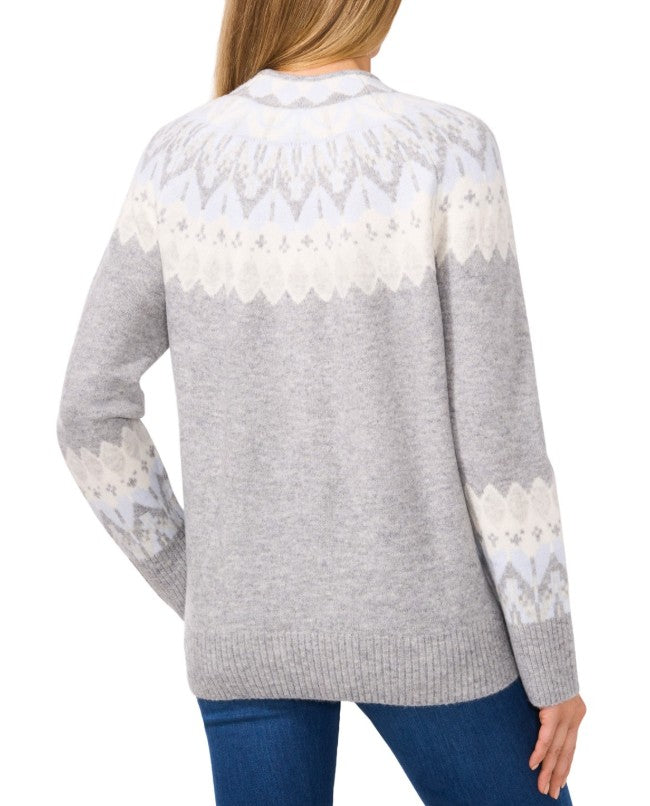 CeCe Women's Fair Isle Long Sleeve Mock Neck Sweater Light Heather Grey SIze M