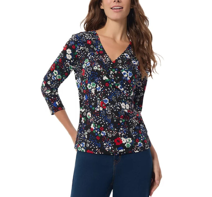 Jones New York Women's Floral-Print Faux-Wrap Top Multi Black Size S