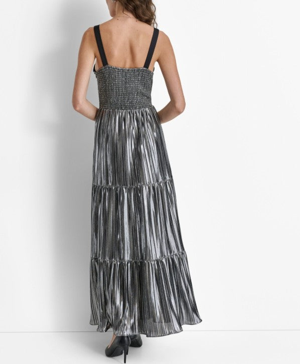 DKNY Women's Foil Plissé V-Neck Sleeveless Maxi Dress Silver Size M