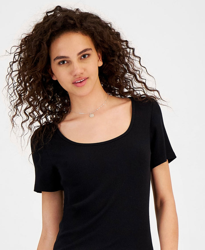 Jenni Women's Ribbed Short-Sleeve Pajama Shirt Deep Black