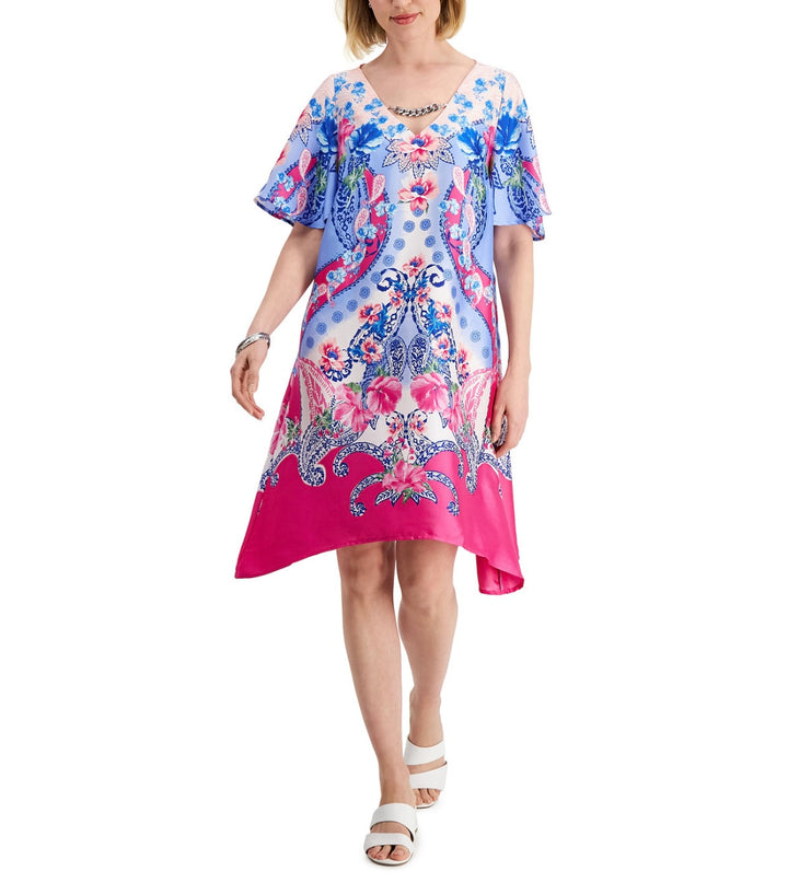 JM Collection Women's Short Sleeve V-Neck Floral Printed Swing Dress