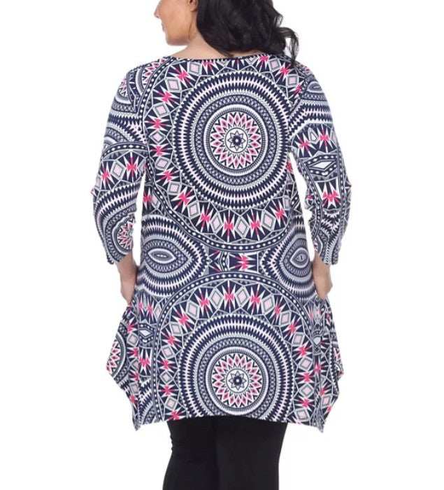 White Mark Women's Scoop Neck 3/4 Sleeve Maji Tunic Top Red Geo Plus Size 1XL
