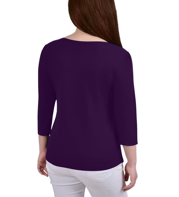 NY Collection Women's 3/4 Sleeve Crepe Knit Top Purple Petite Size PM