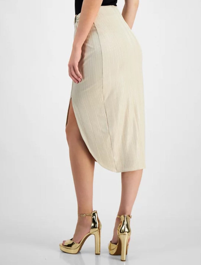 Guess Women's Cristina Ribbed Side-Slit Midi Skirt Safari Tan Foil Size L