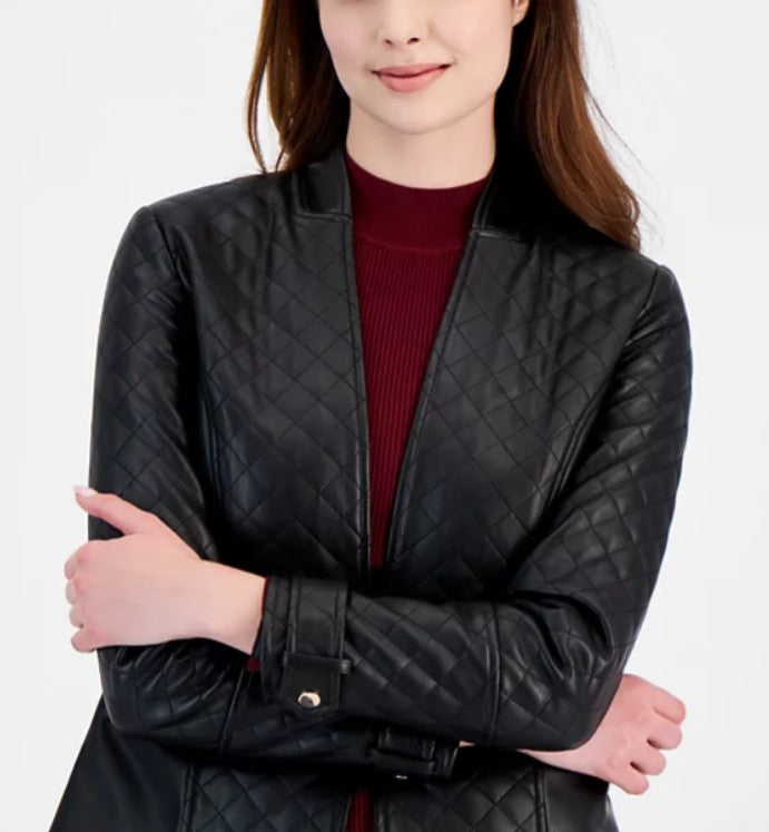 T Tahari Women’s Quilted Faux-Leather Long-Sleeve Jacket Black Size L