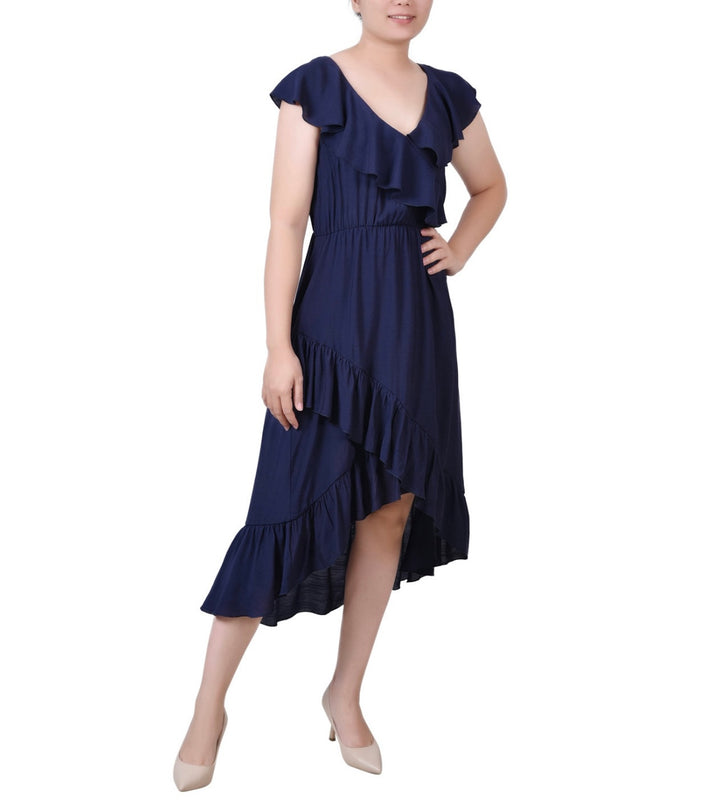 NY Collection Women's Sleeveless Flounced Dress Navy Petite Size PXL