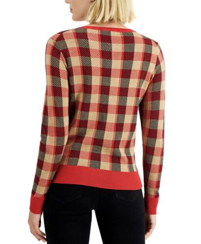 Charter Club Women's Plaid Sequined Cardigan Long Sleeve Buttons Red Size S